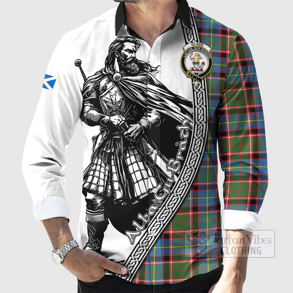 Glass Tartan Clan Crest Long Sleeve Button Shirt with Highlander Warrior Celtic Style - Tartan Vibes Clothing