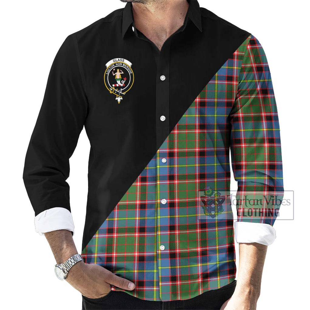 Glass Tartan Long Sleeve Button Shirt with Family Crest and Military Logo Style - Tartanvibesclothing Shop