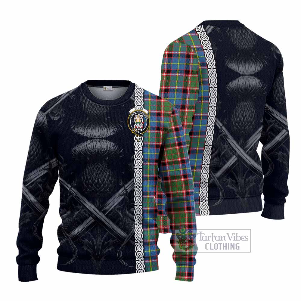 Glass Tartan Knitted Sweater with Family Crest Cross Sword Thistle Celtic Vibes - Tartan Vibes Clothing
