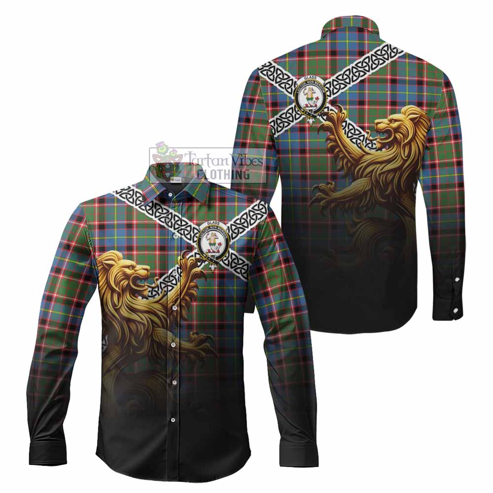 Glass Crest Tartan Long Sleeve Button Shirt with Golden Lion Emblem Celtic Style - Tartan Vibes Clothing