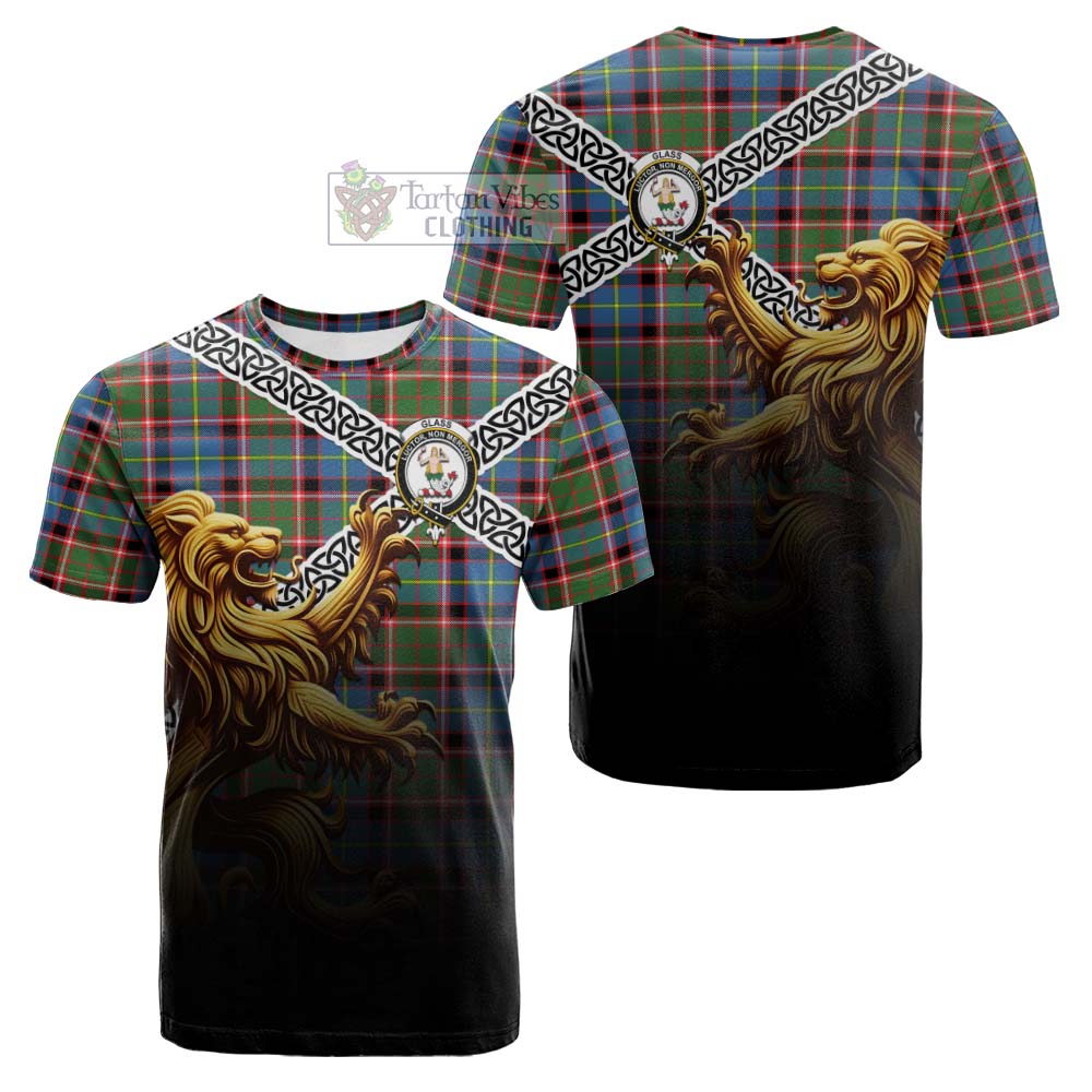Tartan Vibes Clothing Glass Crest Tartan Cotton T-shirt with Golden Lion Emblem Celtic Style
