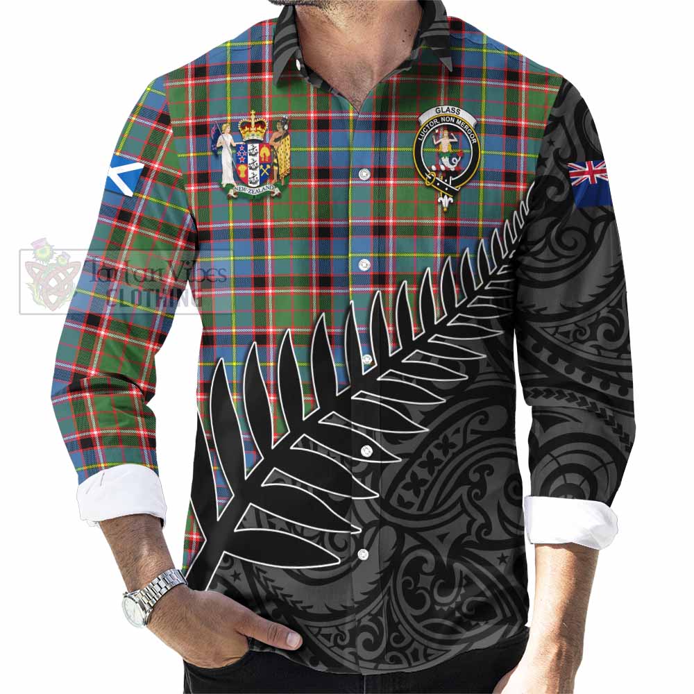 Tartan Vibes Clothing Glass Crest Tartan Long Sleeve Button Shirt with New Zealand Silver Fern Half Style