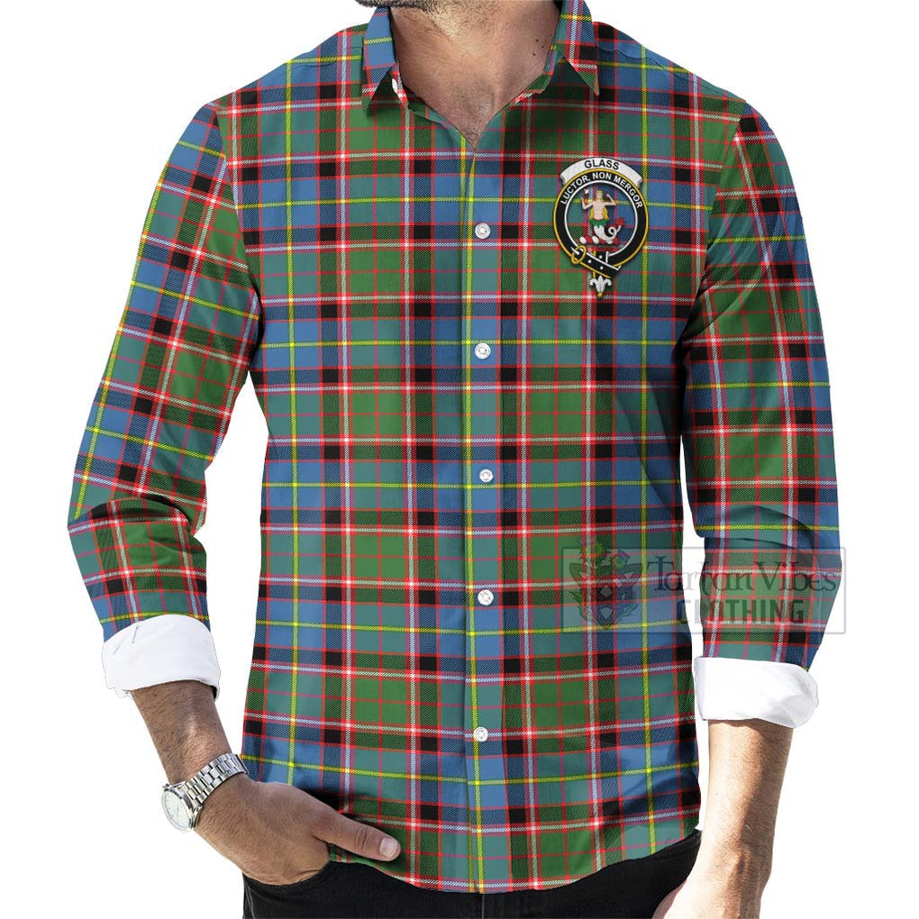 Glass Tartan Long Sleeve Button Shirt with Family Crest Celtic Skull Style - Tartan Vibes Clothing
