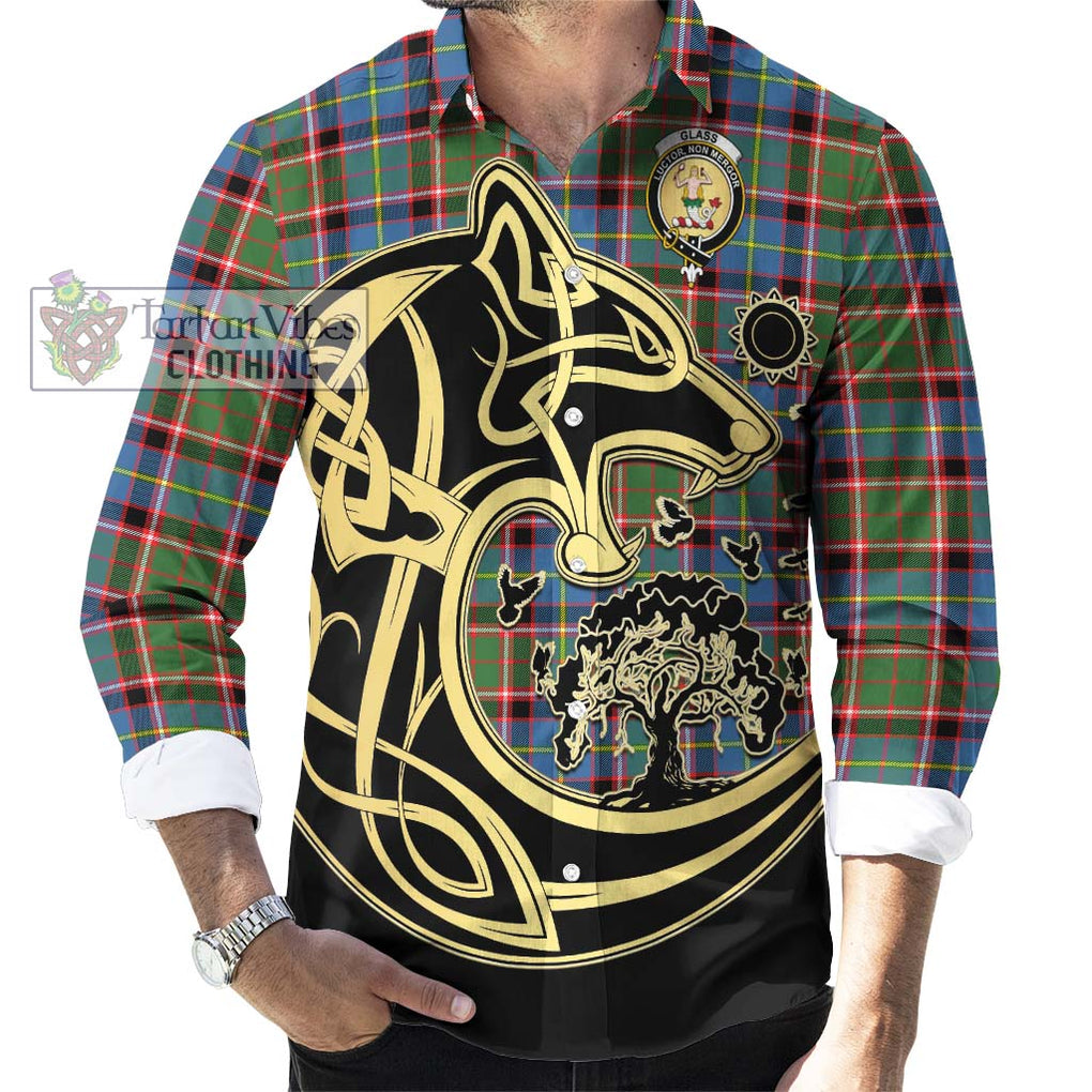 Glass Tartan Long Sleeve Button Shirt with Family Crest Celtic Wolf Style - Tartan Vibes Clothing