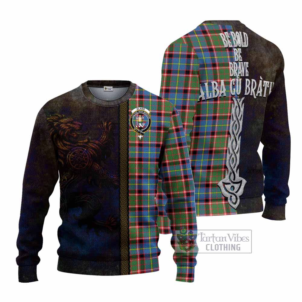 Tartan Vibes Clothing Glass Tartan Family Crest Knitted Sweater Alba Gu Brath Be Brave Lion Ancient Style