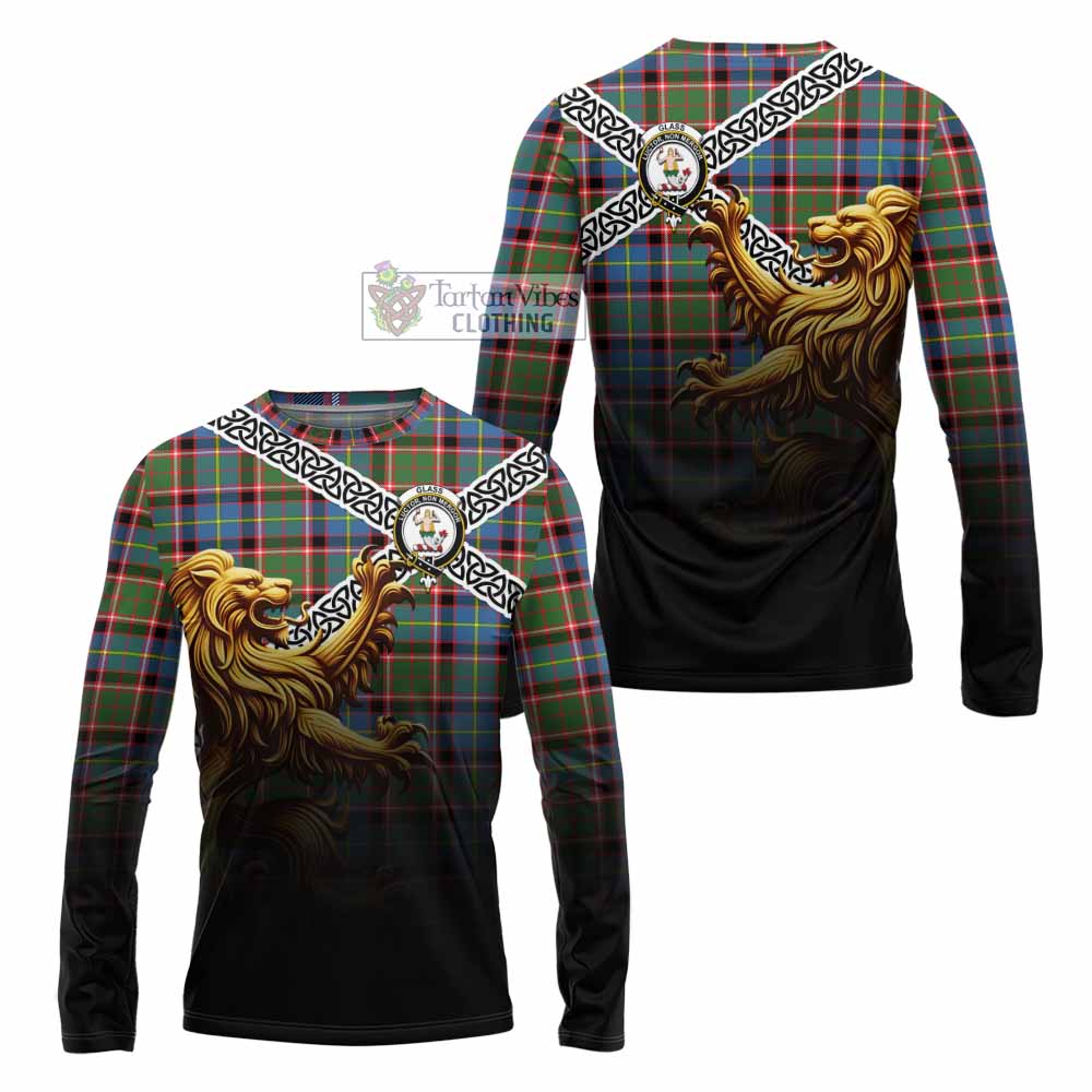Glass Crest Tartan Long Sleeve T-Shirt with Golden Lion Emblem Celtic Style - Tartan Vibes Clothing