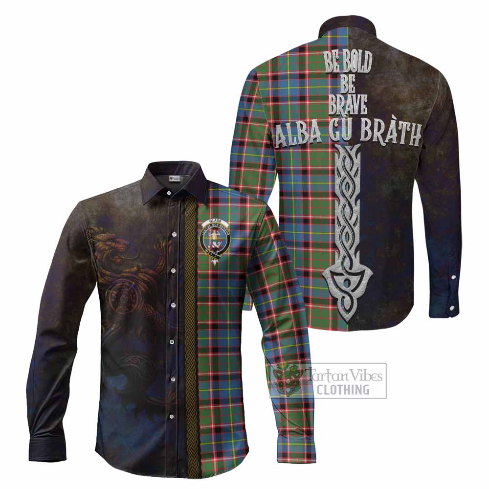 Tartan Vibes Clothing Glass Tartan Family Crest Long Sleeve Button Shirt Alba Gu Brath Be Brave Lion Ancient Style