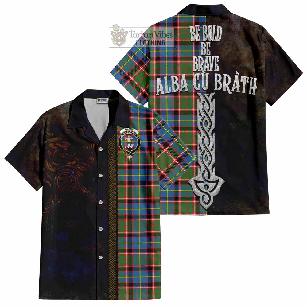 Tartan Vibes Clothing Glass Tartan Family Crest Short Sleeve Button Shirt Alba Gu Brath Be Brave Lion Ancient Style