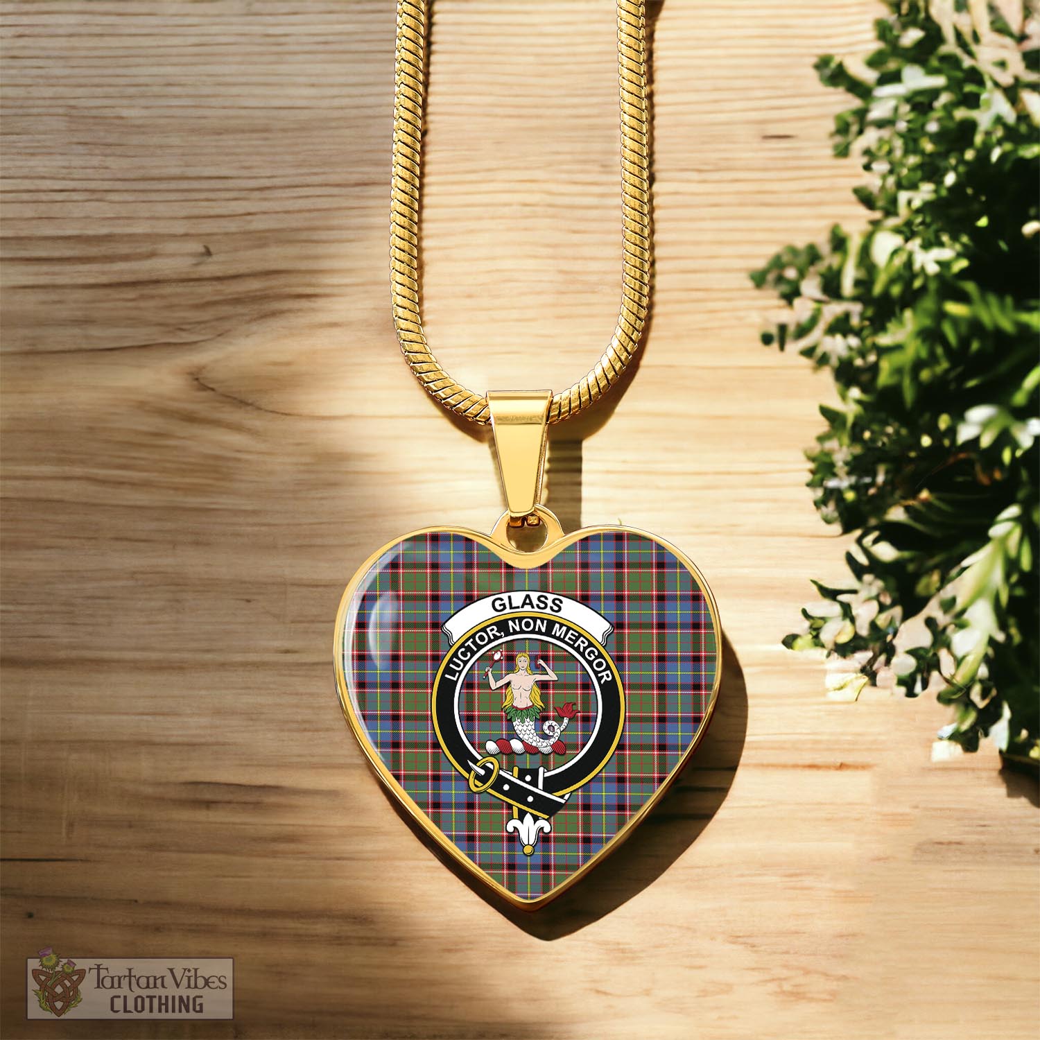 Glass Tartan Heart Necklace with Family Crest Luxury Necklace (Gold) No - Tartan Vibes Clothing