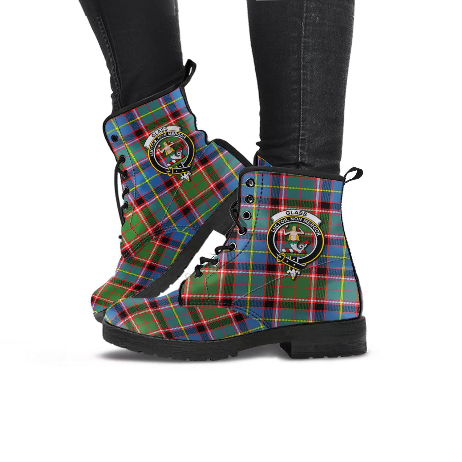 Glass Tartan Leather Boots with Family Crest - Tartan Vibes Clothing