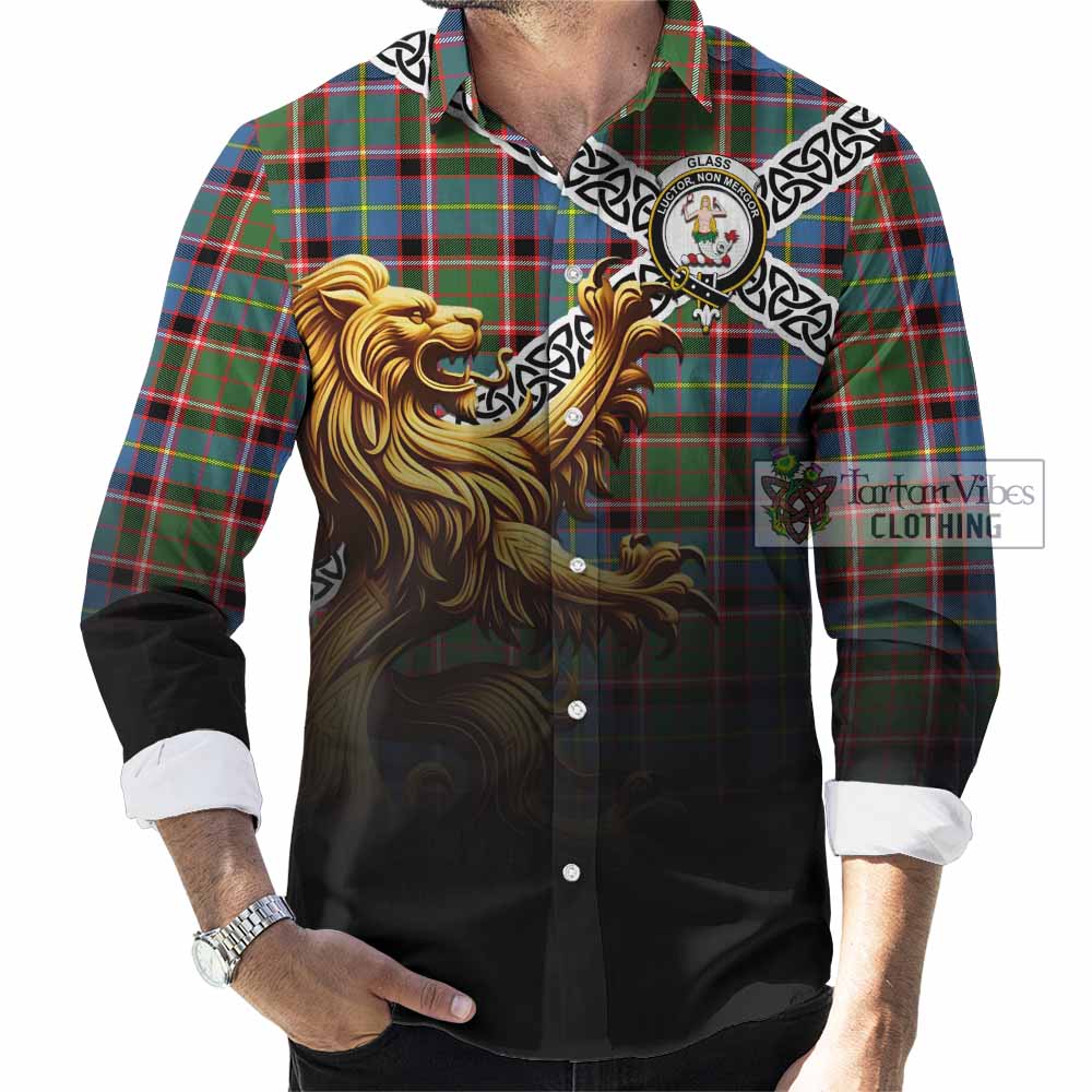 Glass Crest Tartan Long Sleeve Button Shirt with Golden Lion Emblem Celtic Style - Tartan Vibes Clothing