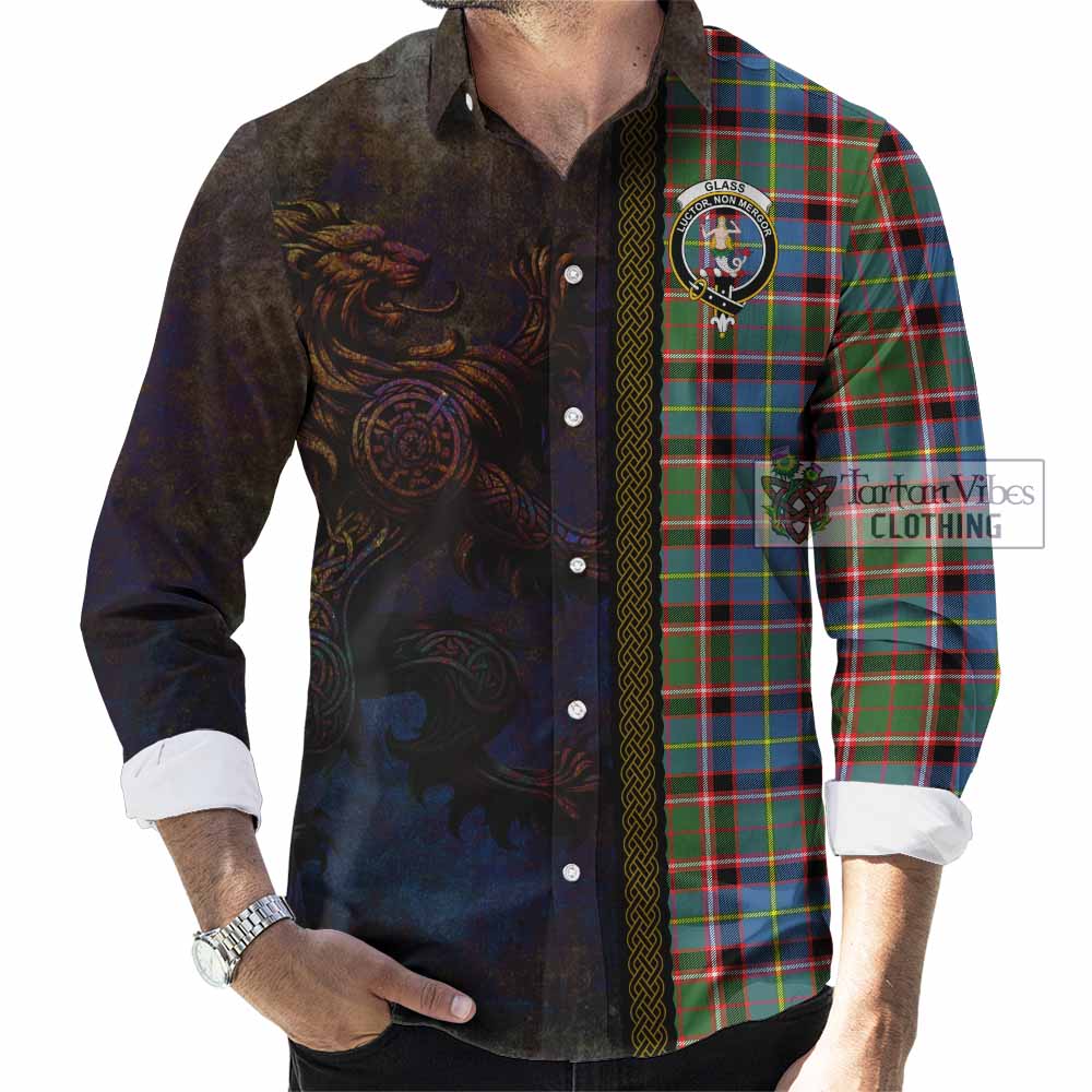 Tartan Vibes Clothing Glass Tartan Family Crest Long Sleeve Button Shirt Alba Gu Brath Be Brave Lion Ancient Style
