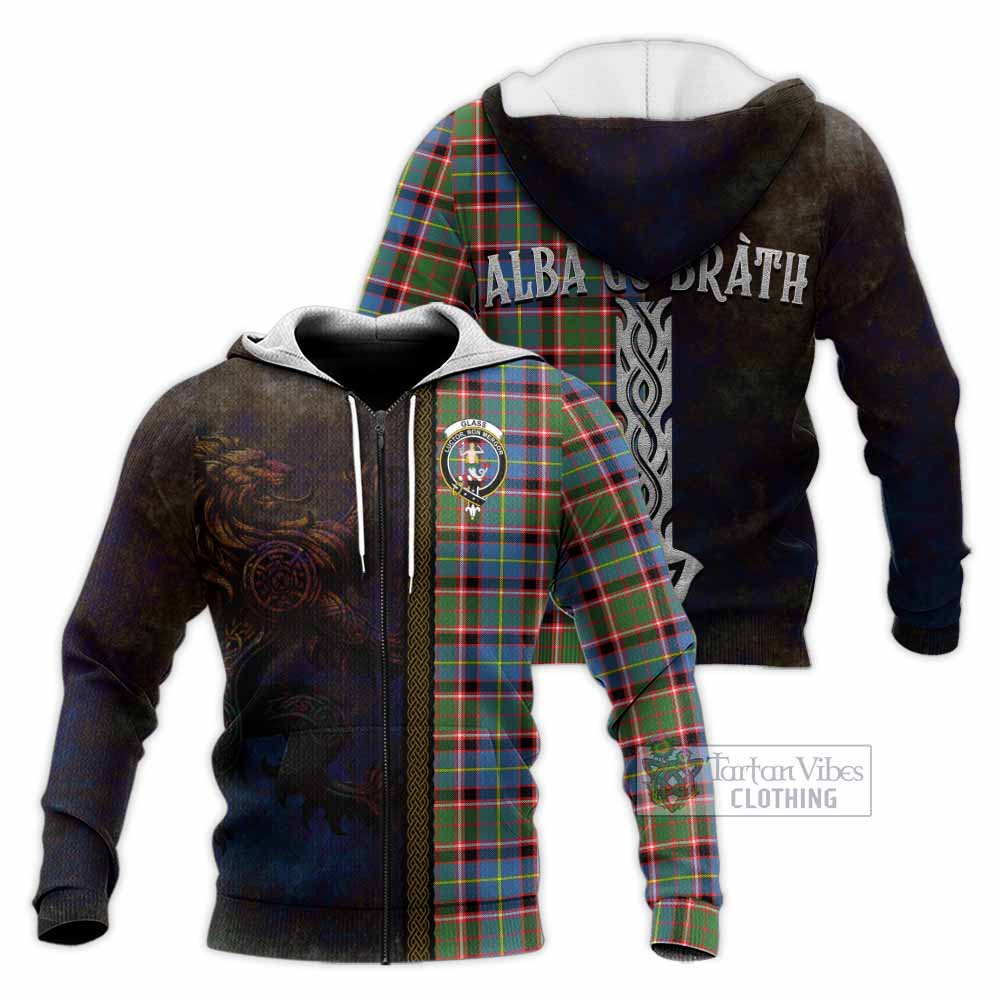 Tartan Vibes Clothing Glass Tartan Family Crest Knitted Hoodie Alba Gu Brath Be Brave Lion Ancient Style