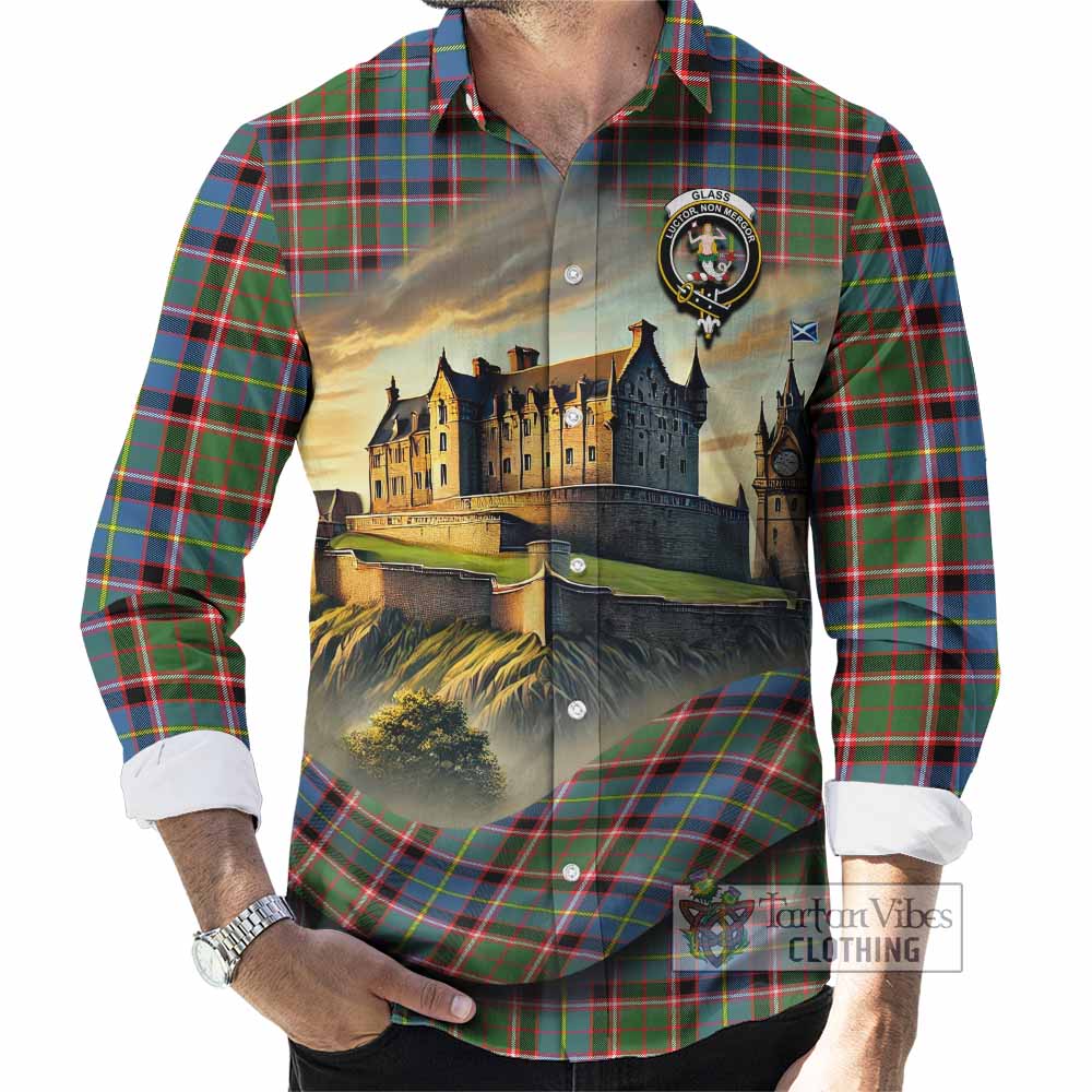 Tartan Vibes Clothing Glass Tartan Family Crest Long Sleeve Button Shirt with Scottish Ancient Castle Style