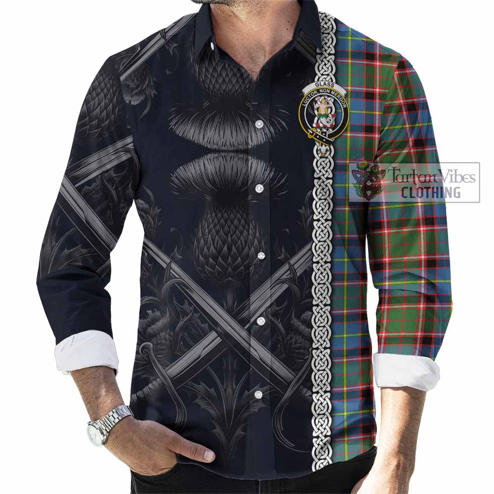 Tartan Vibes Clothing Glass Tartan Long Sleeve Button Shirt with Family Crest Cross Sword Thistle Celtic Vibes