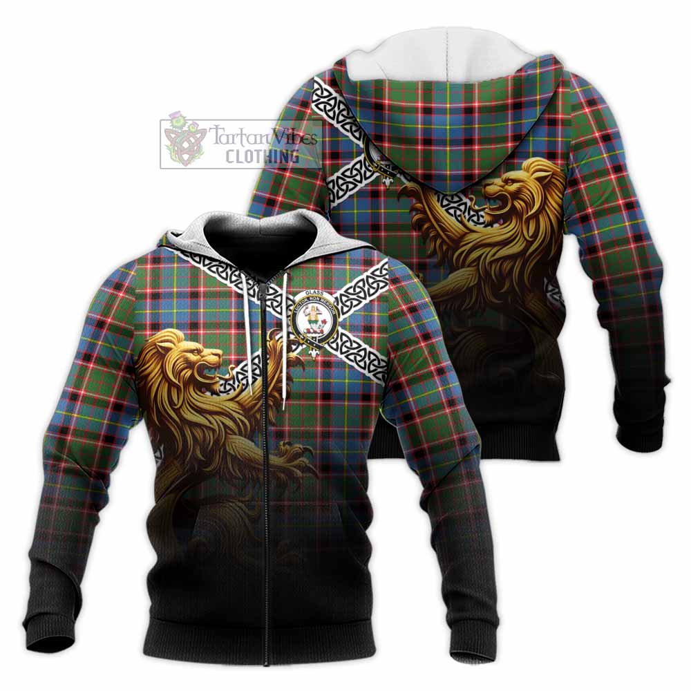 Glass Crest Tartan Knitted Hoodie with Golden Lion Emblem Celtic Style Unisex Knitted Zip Hoodie - Tartan Vibes Clothing