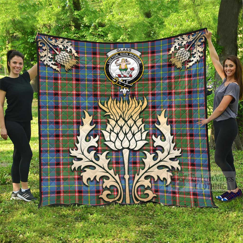Tartan Vibes Clothing Glass Tartan Quilt with Family Crest and Golden Thistle Style