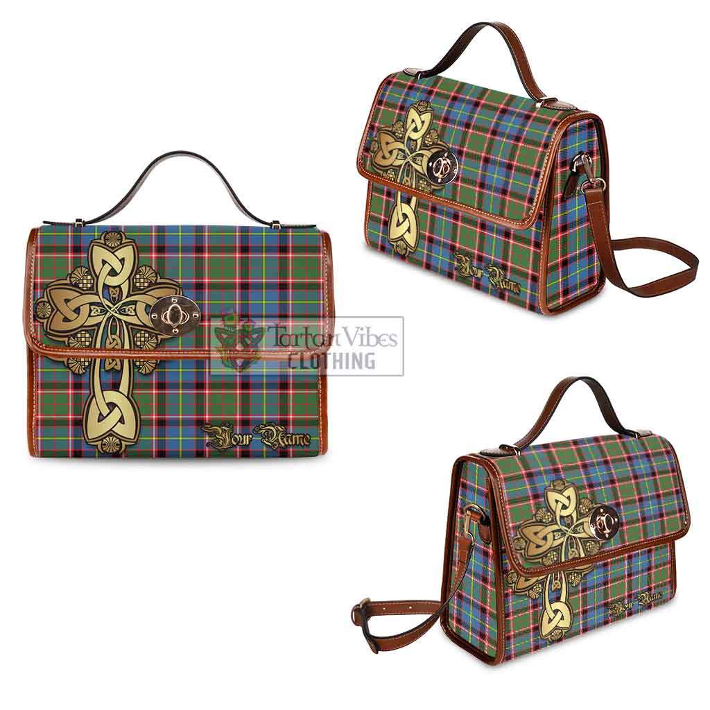 Tartan Vibes Clothing Glass Tartan Waterproof Canvas Bag Golden Thistle Celtic Cross Style