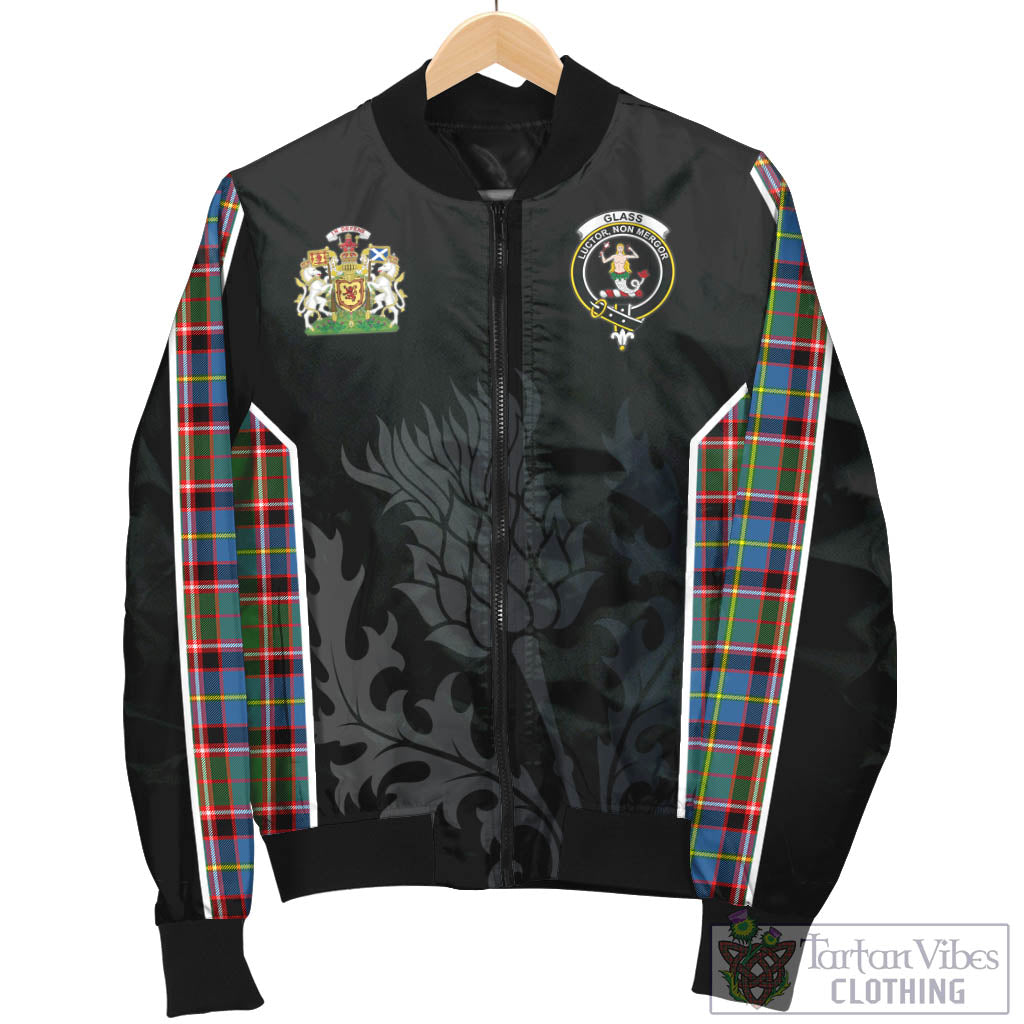 Tartan Vibes Clothing Glass Tartan Bomber Jacket with Family Crest and Scottish Thistle Vibes Sport Style
