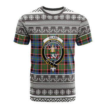 Glass Clan Tartan Christmas Cotton T-shirt with Family Crest