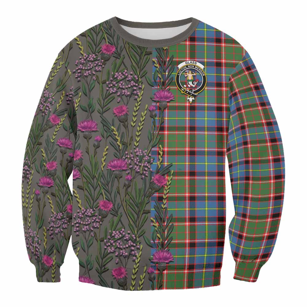 Glass Family Crest Tartan Sweatshirt Scottish Thistle Flower Pattern Half Style - Tartan Vibes Clothing