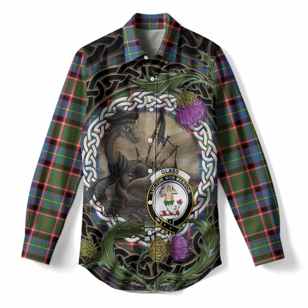 Glass Tartan Crest Bagpipe Nessie Women Casual Shirt Scottish Loch Ness Monster Celtic Thistle