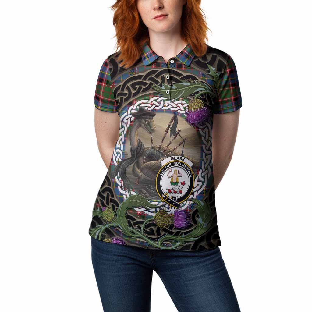 Glass Tartan Crest Bagpipe Nessie Women Polo Shirt Scottish Loch Ness Monster Celtic Thistle
