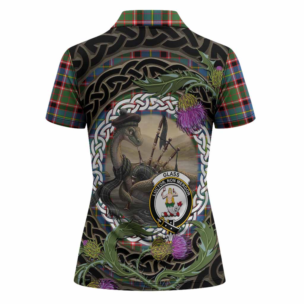 Glass Tartan Crest Bagpipe Nessie Women Polo Shirt Scottish Loch Ness Monster Celtic Thistle