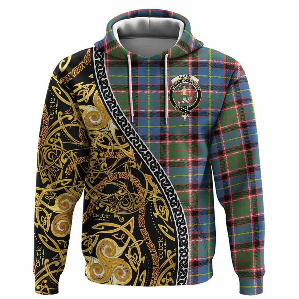Glass Tartan Crest Hoodie Celtic Knot and Triple Trickle Spiral Symbols