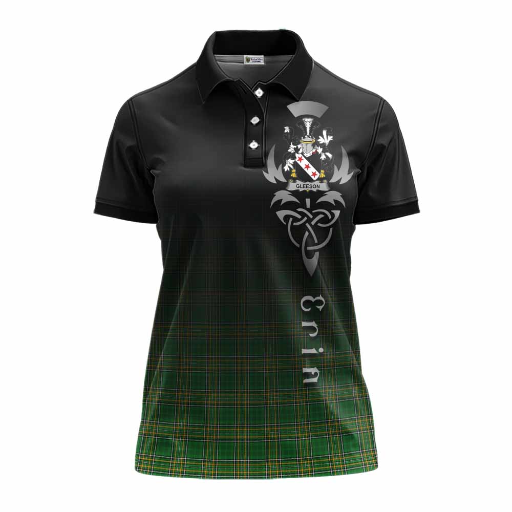 Tartan Vibes Clothing Gleeson Irish Clan Women's Polo Shirt with Coat of Arms Erin Go Bragh Celtic Inspired