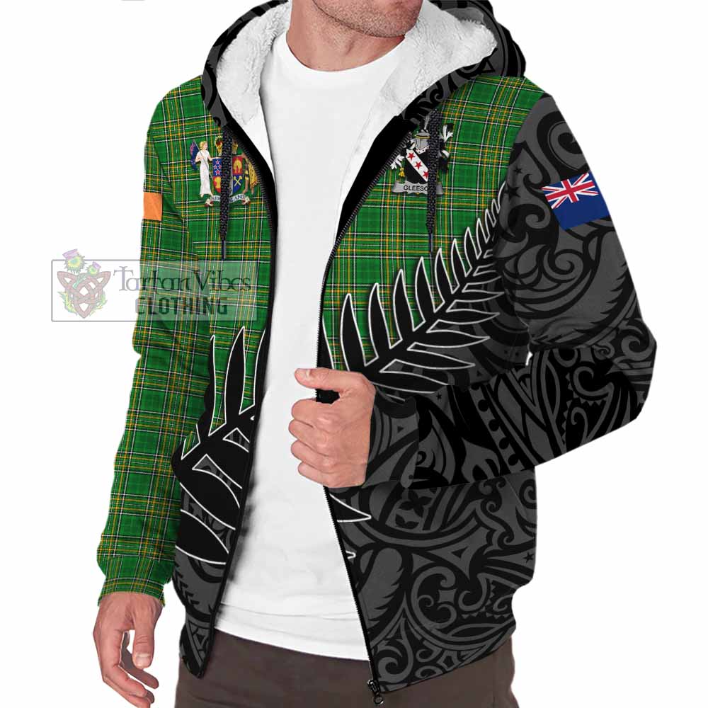 Tartan Vibes Clothing Gleeson Irish Clan Tartan Sherpa Hoodie with Coat of Arms New Zealand Silver Fern Half Style