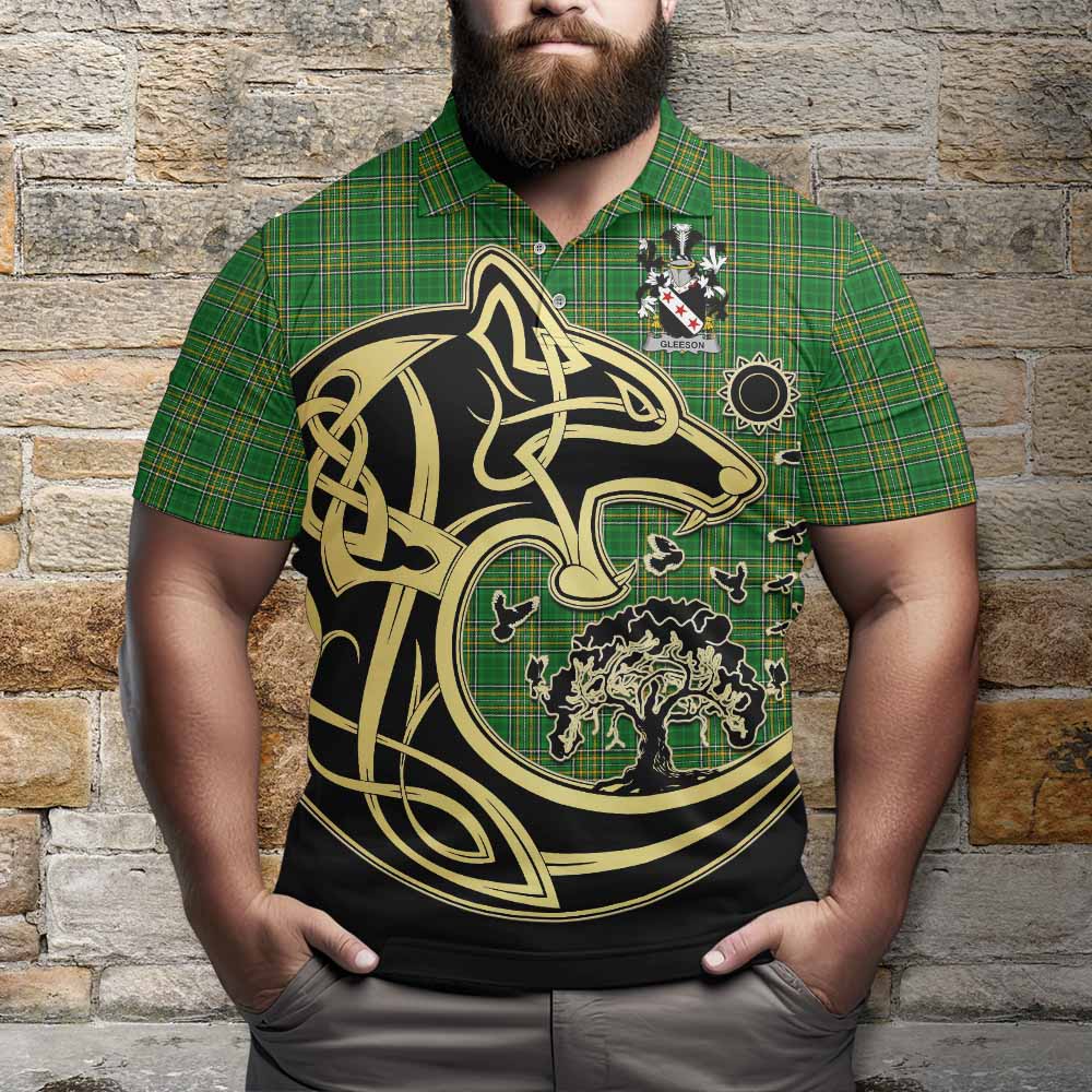 Tartan Vibes Clothing Gleeson Irish Tartan Polo Shirt with Coat of Arms Celtic Wolf Style