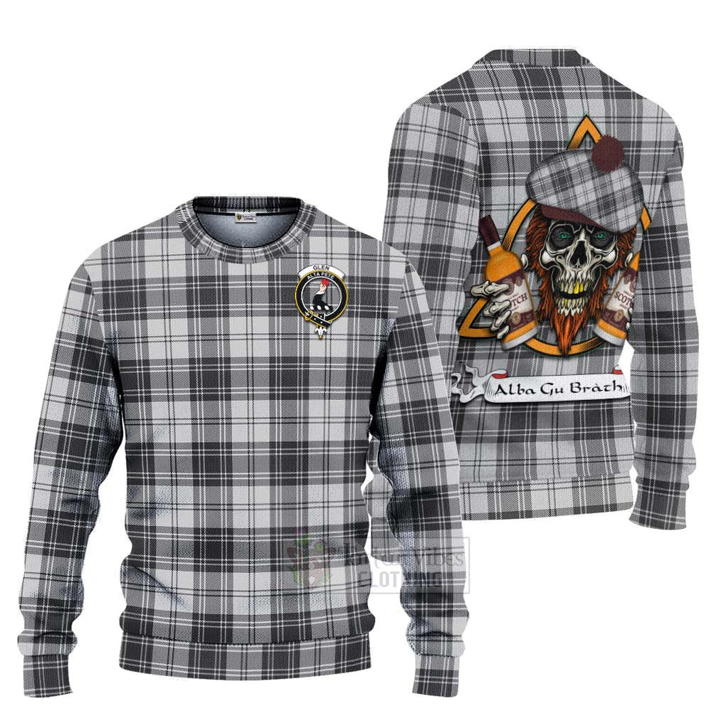 Tartan Vibes Clothing Glen Tartan Knitted Sweater with Family Crest and Bearded Skull Holding Bottles of Whiskey