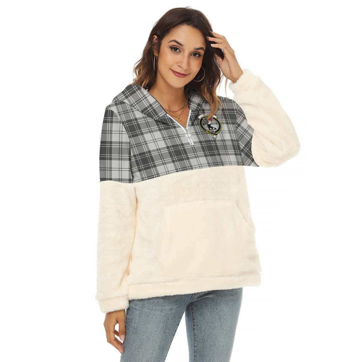 Glen Tartan Women's Borg Fleece Hoodie With Half Zip with Family Crest Female - Tartan Vibes Clothing