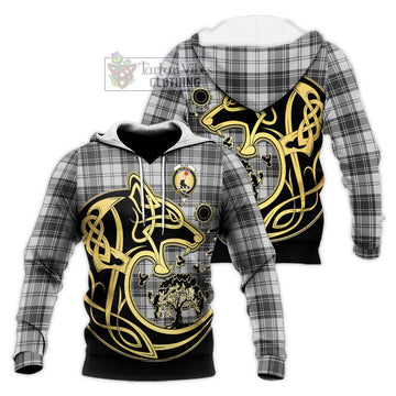 Glen Tartan Knitted Hoodie with Family Crest Celtic Wolf Style