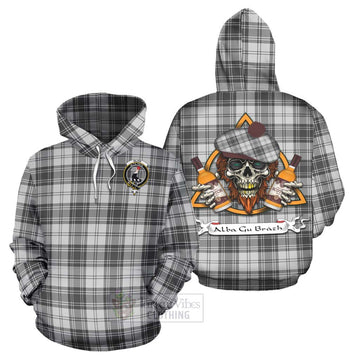 Glen Tartan Hoodie with Family Crest and Bearded Skull Holding Bottles of Whiskey