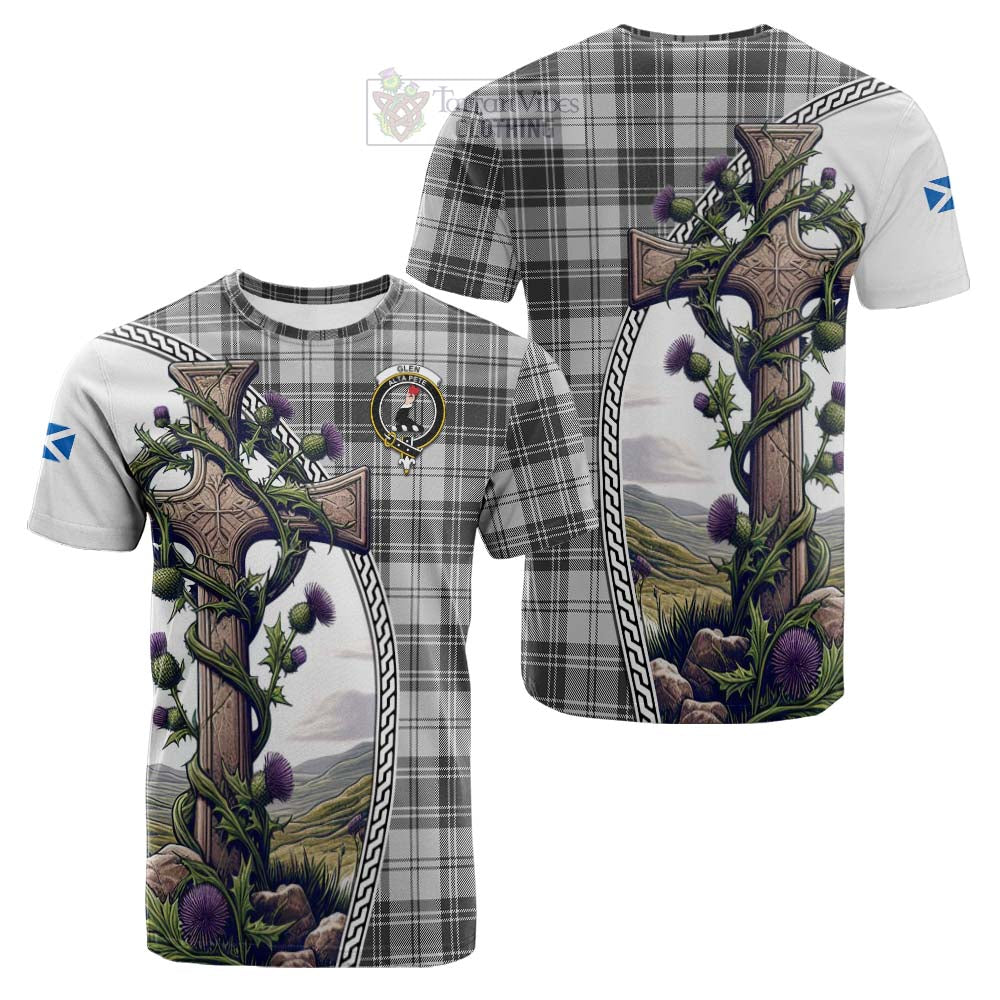 Tartan Vibes Clothing Glen Tartan Cotton T-shirt with Family Crest and St. Andrew's Cross Accented by Thistle Vines