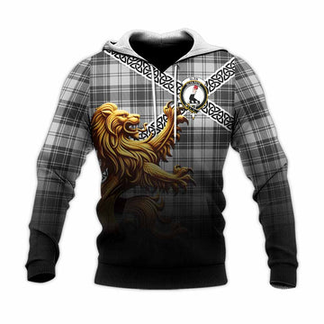 Glen Crest Tartan Knitted Hoodie with Golden Lion Emblem Celtic Style