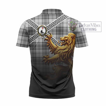 Glen Crest Tartan Zipper Polo Shirt with Golden Lion Emblem Celtic Style