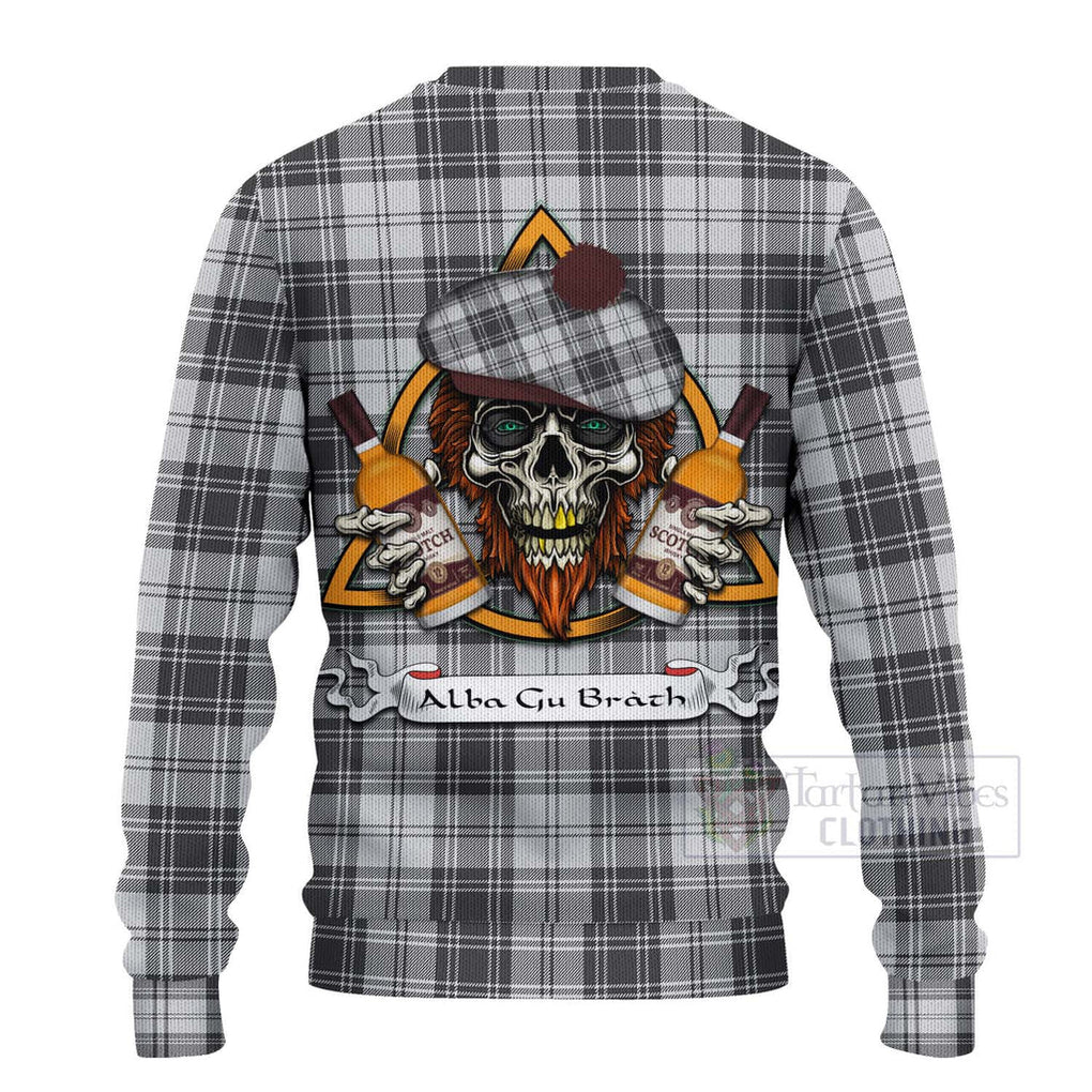 Tartan Vibes Clothing Glen Tartan Knitted Sweater with Family Crest and Bearded Skull Holding Bottles of Whiskey