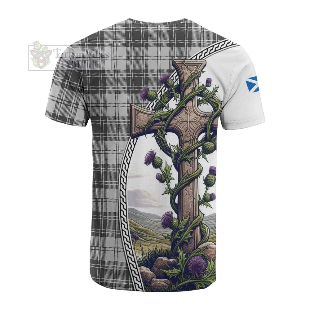 Tartan Vibes Clothing Glen Tartan Cotton T-shirt with Family Crest and St. Andrew's Cross Accented by Thistle Vines