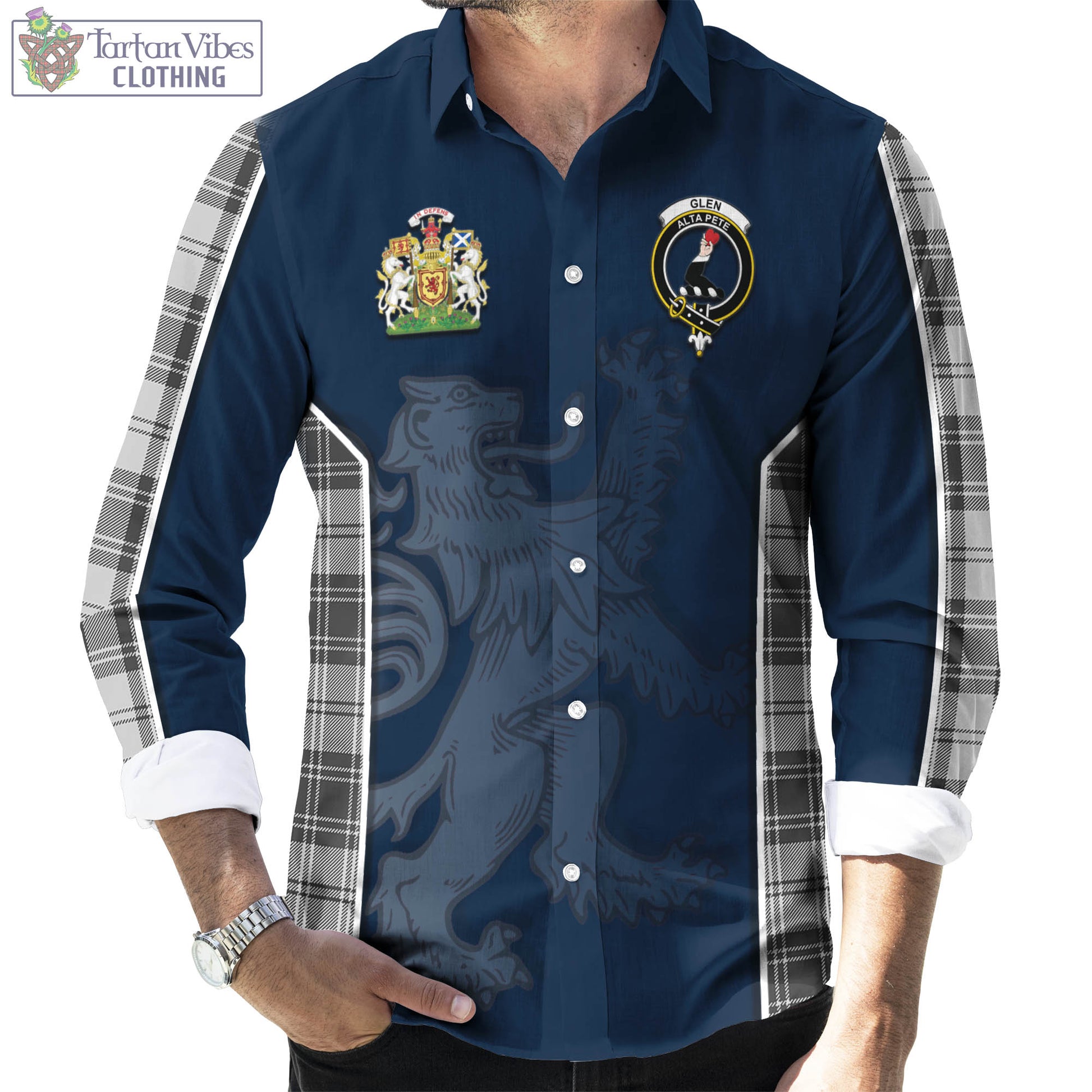 Tartan Vibes Clothing Glen Tartan Long Sleeve Button Up Shirt with Family Crest and Lion Rampant Vibes Sport Style