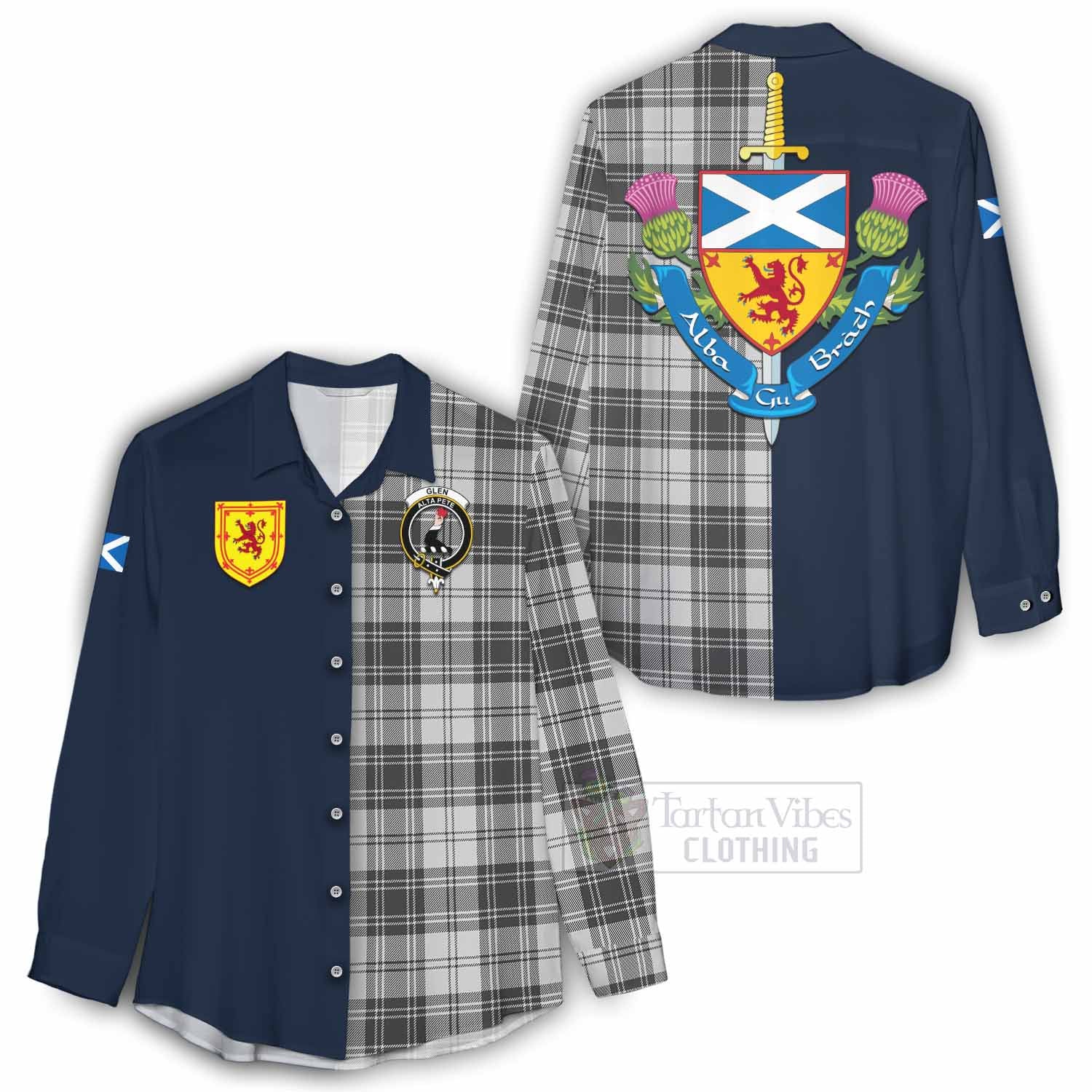Tartan Vibes Clothing Glen Tartan Women's Casual Shirt Alba with Scottish Lion Royal Arm Half Style