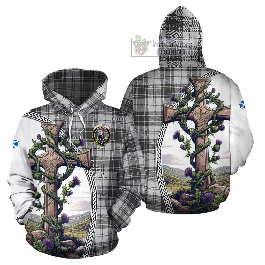 Tartan Vibes Clothing Glen Tartan Cotton Hoodie with Family Crest and St. Andrew's Cross Accented by Thistle Vines