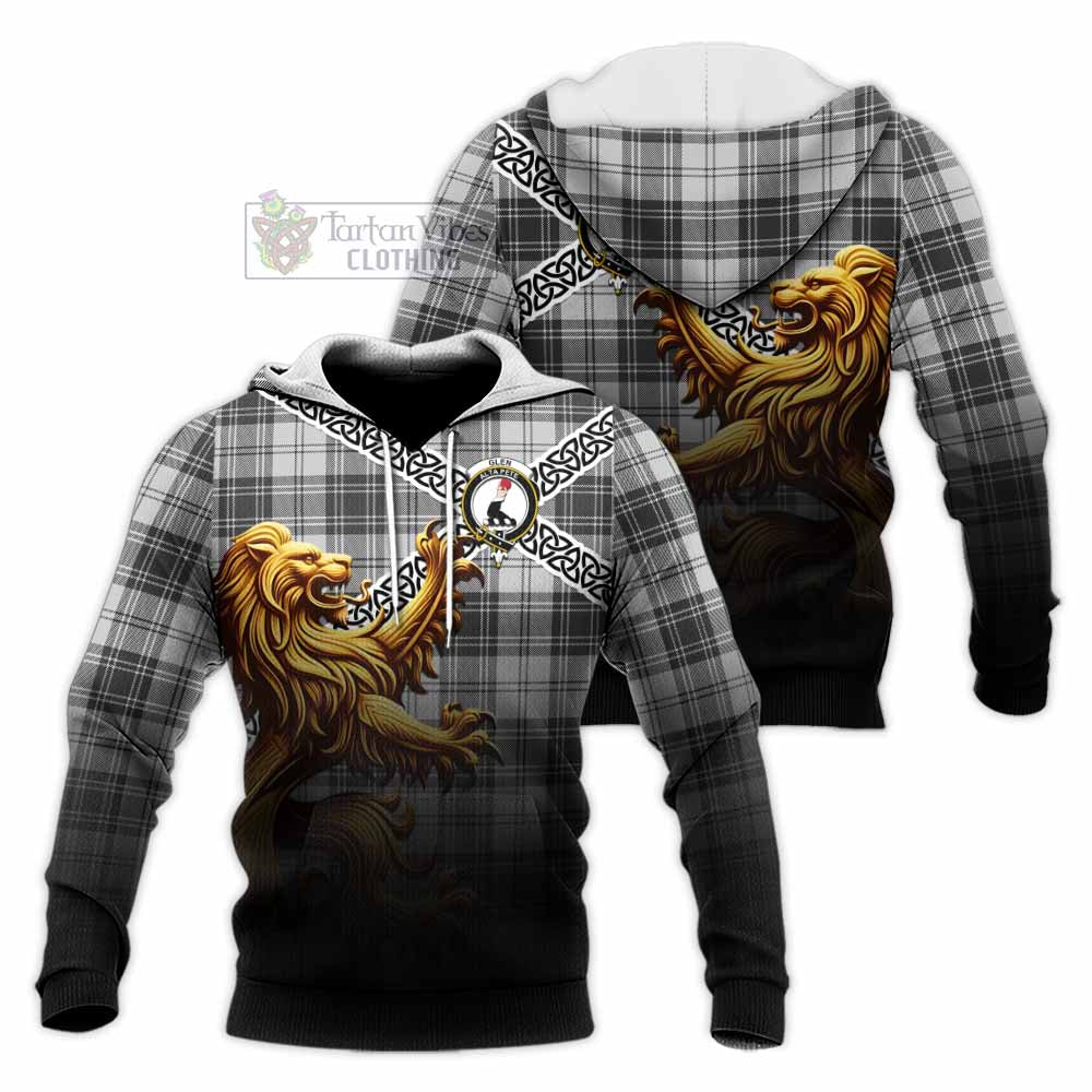 Tartan Vibes Clothing Glen Crest Tartan Knitted Hoodie with Golden Lion Emblem Celtic Style