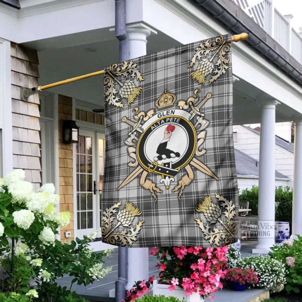 Tartan Vibes Clothing Glen Tartan Flag with Family Crest and Golden Thistle Crossed Sword Design
