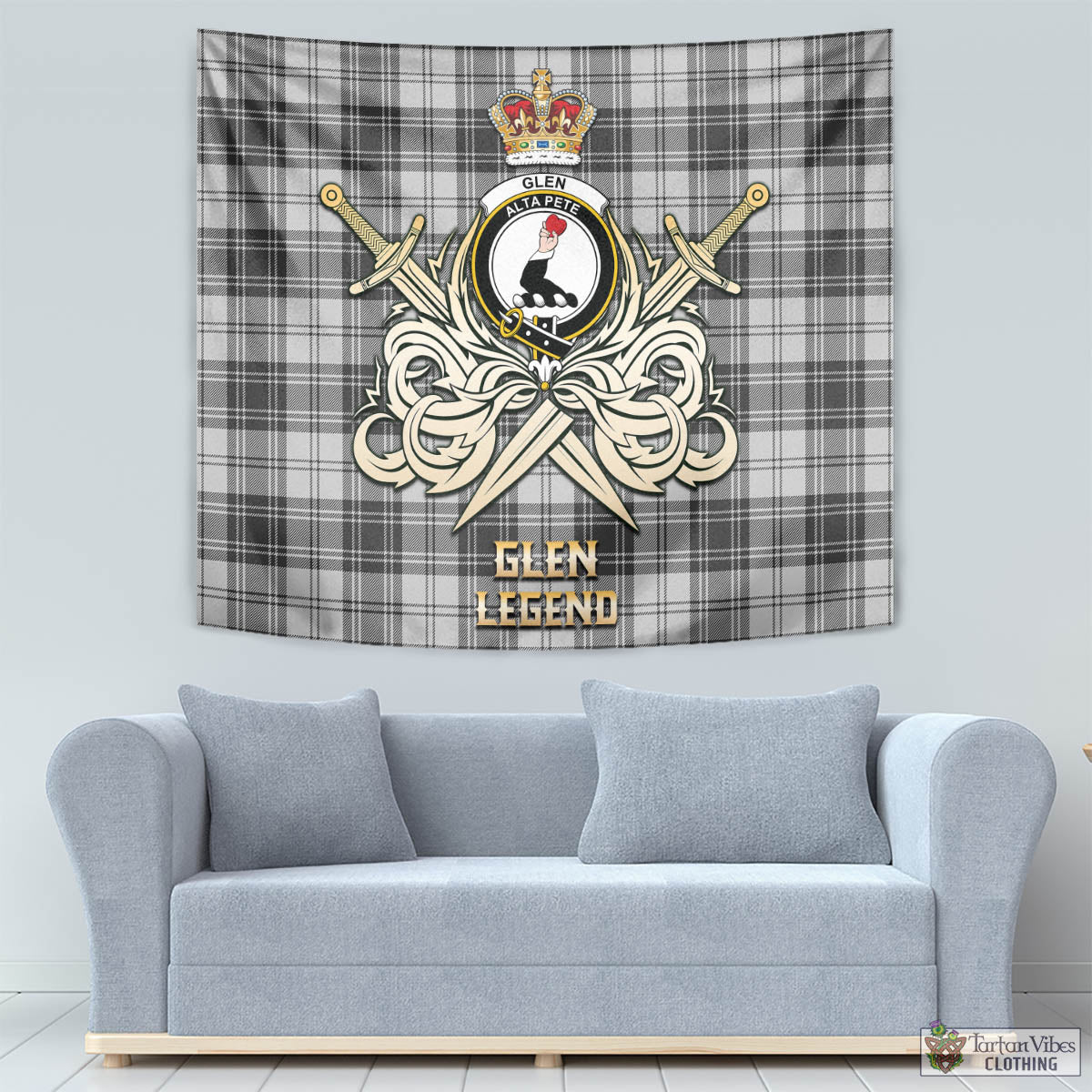 Tartan Vibes Clothing Glen Tartan Tapestry with Clan Crest and the Golden Sword of Courageous Legacy