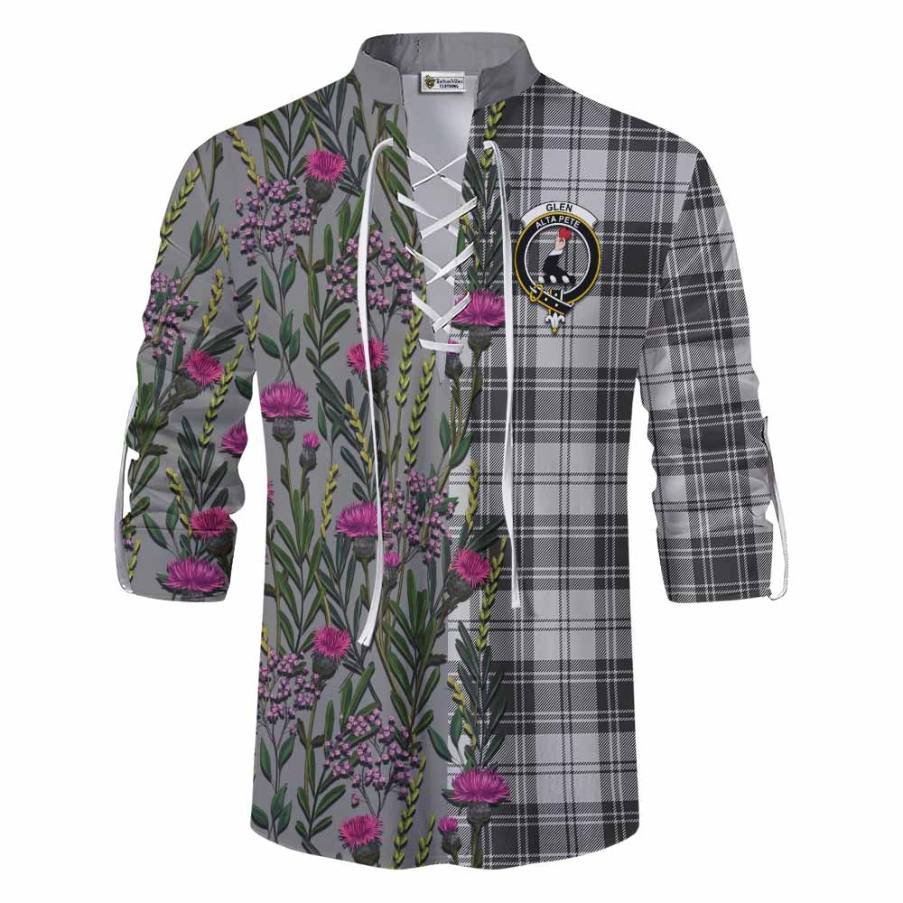 Glen Family Crest Tartan Ghillie Shirt Scottish Thistle Flower Pattern Half Style - Tartan Vibes Clothing