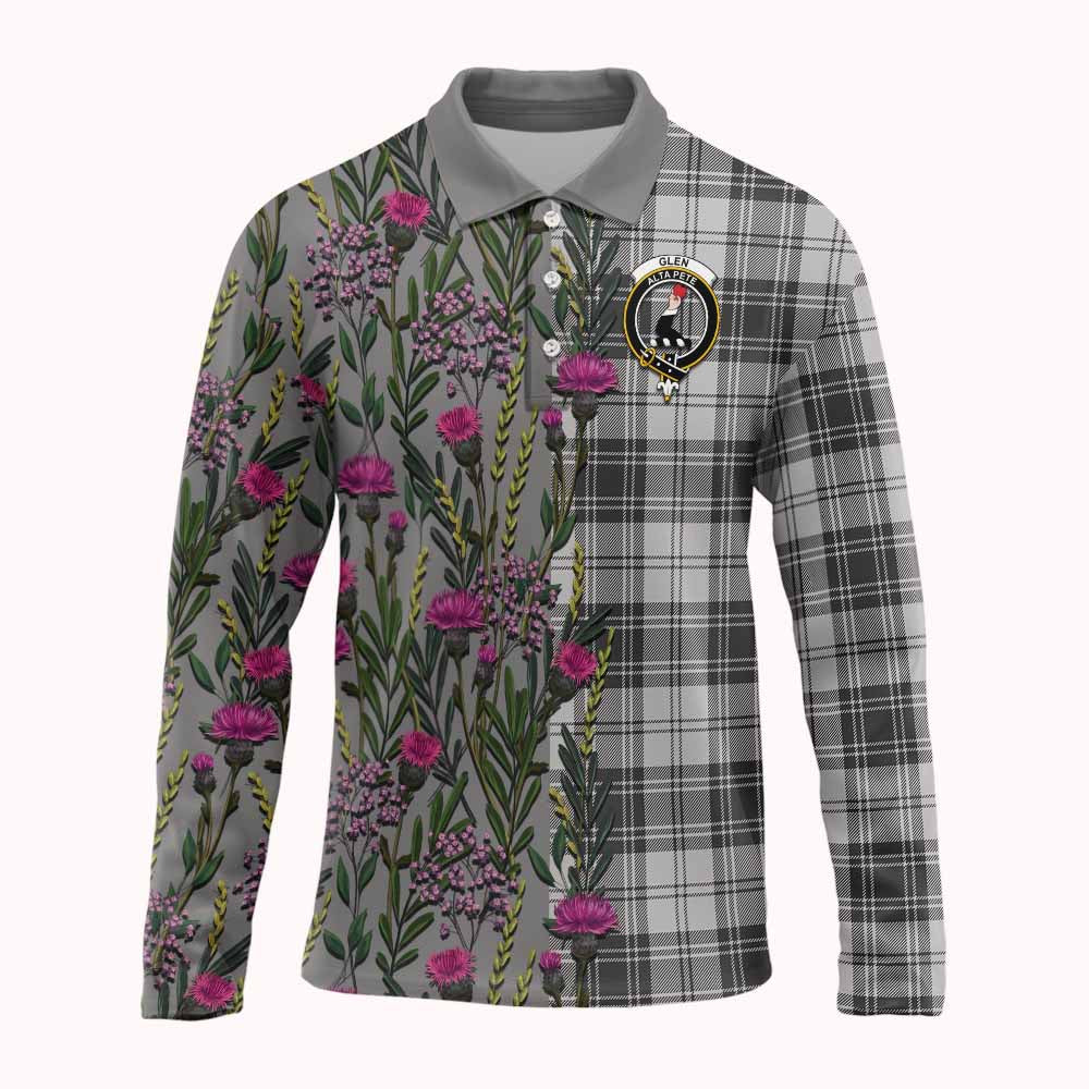 Glen Family Crest Tartan Long Sleeve Polo Shirt Scottish Thistle Flower Pattern Half Style - Tartan Vibes Clothing