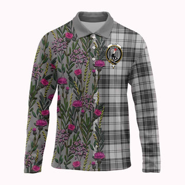 Glen Family Crest Tartan Long Sleeve Polo Shirt Scottish Thistle Flower Pattern Half Style